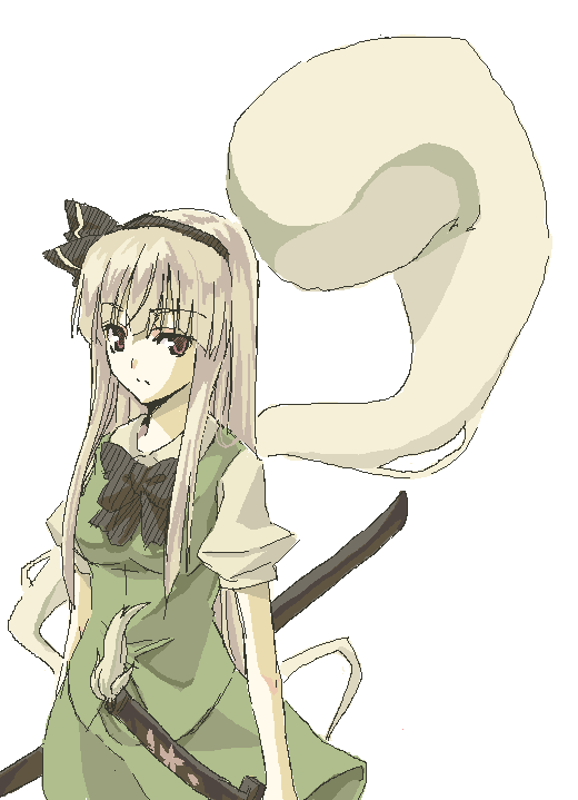 maou, sengoku aky, konpaku youmu, konpaku youmu (ghost), touhou, 1girl, alternate hairstyle, blonde hair, bow, bowtie, female focus, grey hair, hand on own hip, katana, long hair, oekaki, solo, sword, weapon
