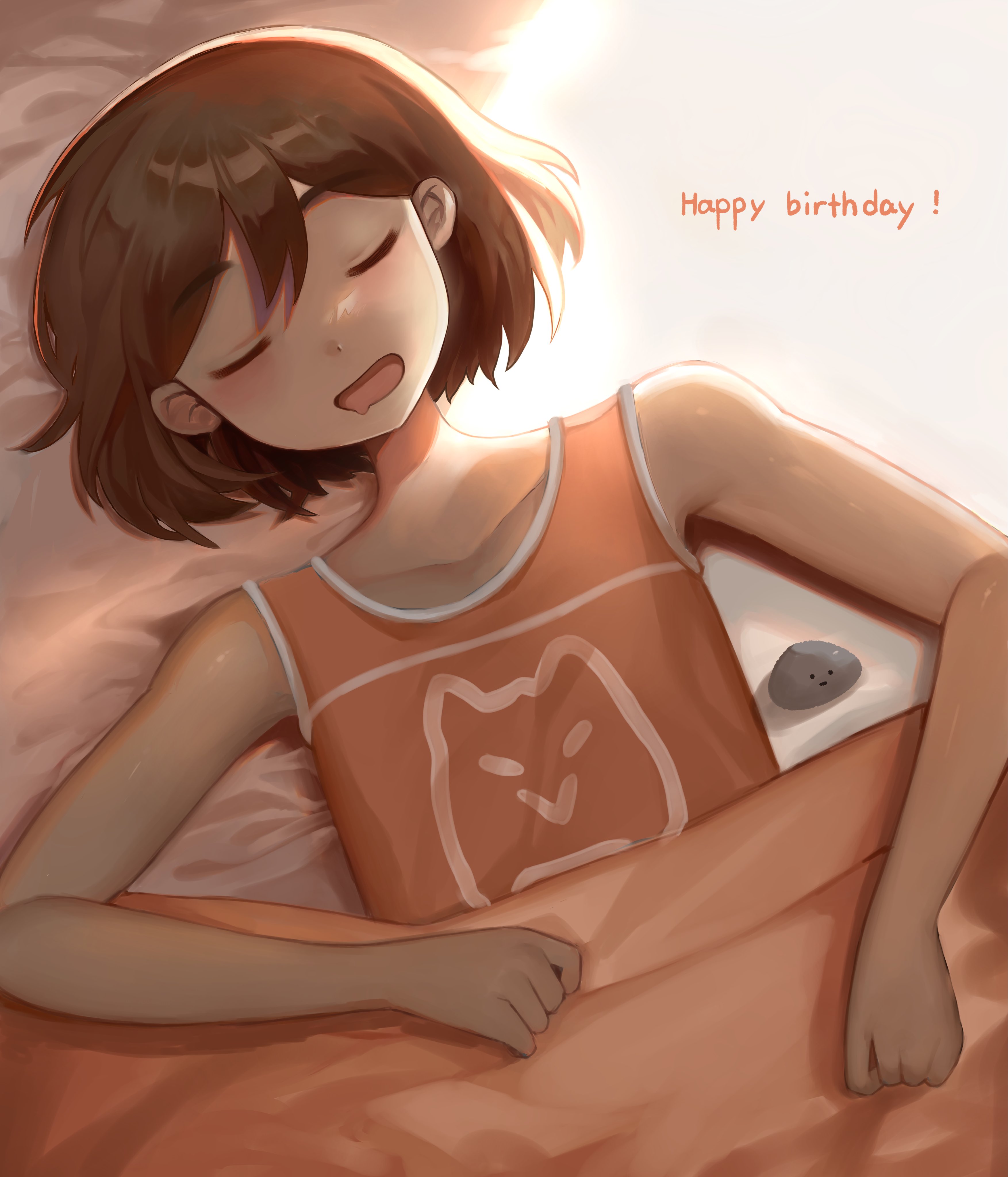 hato popo 37, hector (omori), kel (faraway) (omori), kel (omori), omori, absurdres, highres, 1boy, closed eyes, collarbone, dark-skinned male, dark skin, double-parted bangs, drooling, hair between eyes, male focus, mouth drool, open mouth, pet rock, short hair, sleeping, smile, solo, under covers
