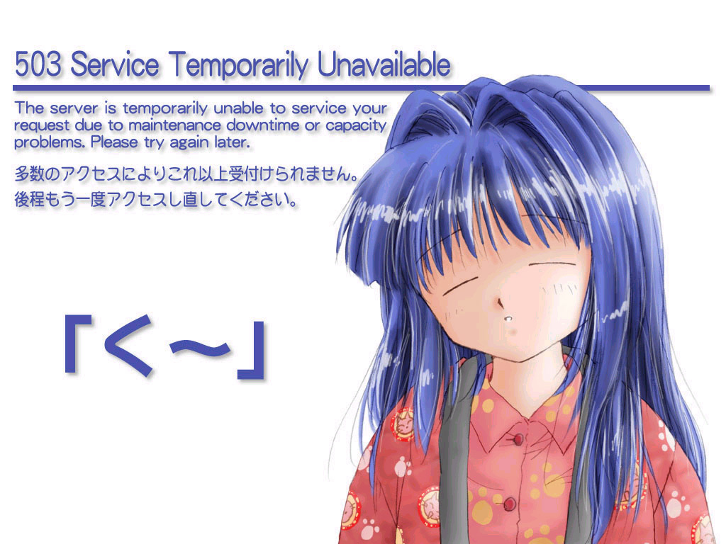 hinoue itaru, minase nayuki, kanon, 1girl, 503, blue hair, closed eyes, female focus, hair intakes, http status code, long hair, pajamas, simple background, sleeping, solo, text focus, white background, wing collar