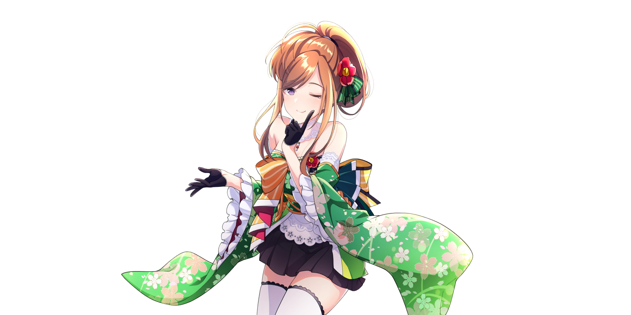 tsubaki (lapis re:lights), lapis re:lights, game cg, highres, official art, third-party source, 1girl, bare shoulders, black gloves, black skirt, brown hair, closed mouth, cowboy shot, detached collar, floral print, floral print kimono, gloves, green kimono, hair rings, hands up, index finger raised, japanese clothes, kimono, mole, mole under eye, obi, one eye closed, print kimono, purple eyes, sash, short hair with long locks, simple background, single hair ring, skirt, smile, solo, thighhighs, transparent background, white thighhighs, wide sleeves, yellow sash, zettai ryouiki