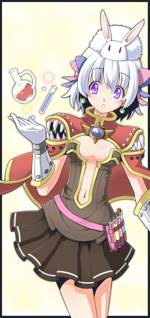 hinosita hikari, creator (ragnarok online), lunatic (ragnarok online), ragnarok online, commentary request, 1girl, animal, animal on head, blush, breasts, brown shirt, brown skirt, cape, cowboy shot, gloves, looking to the side, medium breasts, navel, on head, open mouth, pleated skirt, plunging neckline, potion, purple eyes, rabbit, rabbit on head, red cape, shirt, short hair, simple background, skirt, solo, vial, white gloves, white hair, yellow background