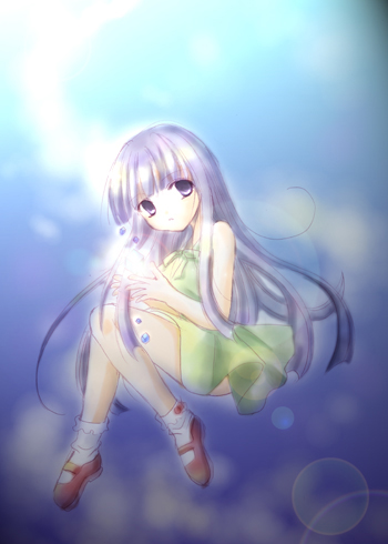 houjou yutori, furude rika, higurashi no naku koro ni, lowres, non-web source, 00s, 1girl, blue hair, dress, female focus, green skirt, long hair, mary janes, purple eyes, shoes, skirt, solo