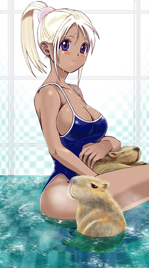 oki nori, okinori, original, bad id, bad pixiv id, 1girl, blonde hair, blue eyes, breasts, capybara, dark-skinned female, dark skin, female focus, large breasts, long hair, one-piece swimsuit, ponytail, solo, swimsuit, twintails