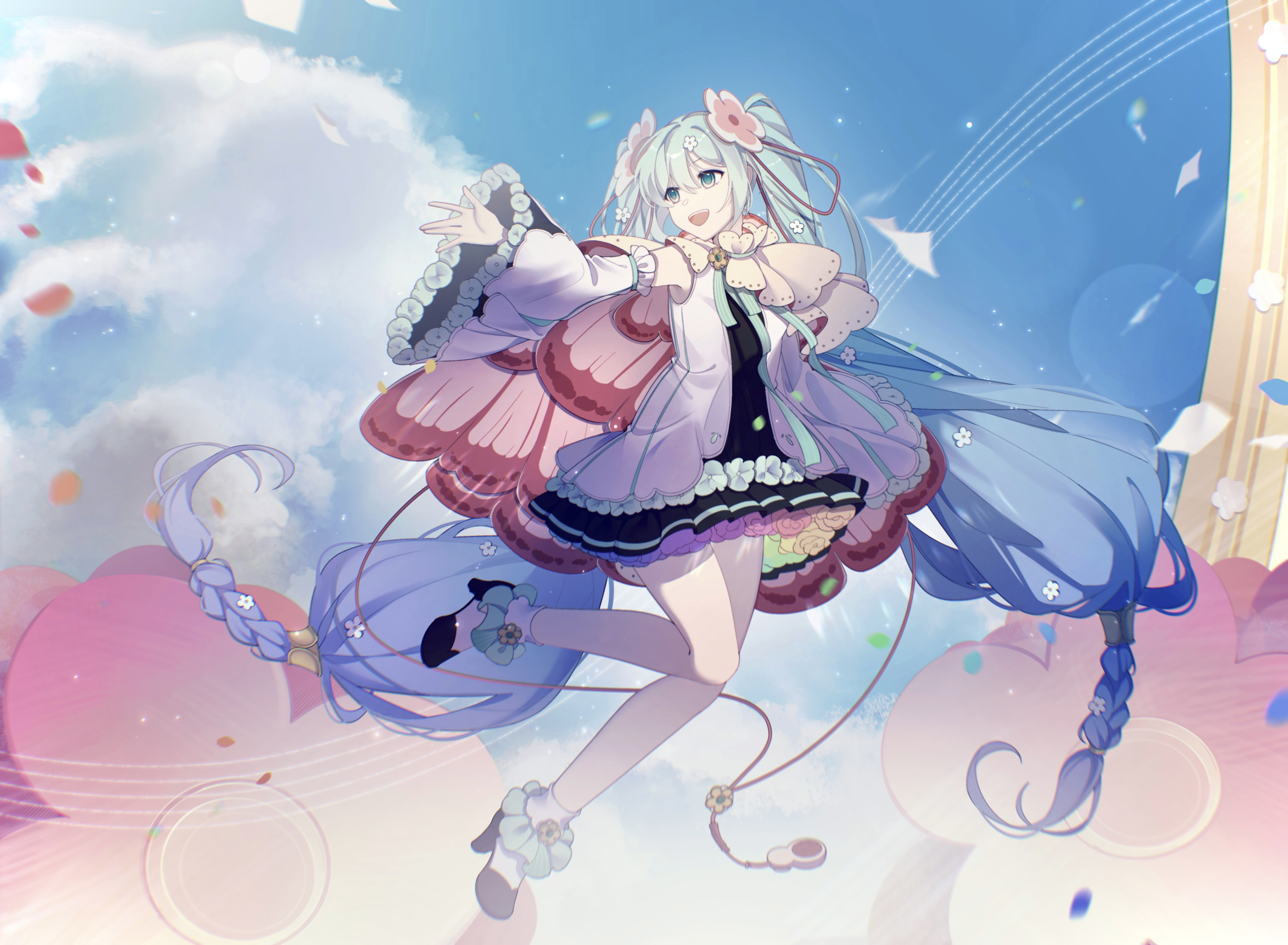kanvien, hatsune miku, magical mirai miku, magical mirai miku (2021), magical mirai (vocaloid), vocaloid, absurdres, highres, 1girl, :d, aqua eyes, aqua hair, blue hair, blue sky, braid, cape, cloud, detached sleeves, dress, flower, flower underskirt, gradient hair, hair between eyes, hair flower, hair ornament, long hair, long sleeves, multicolored hair, open mouth, shoes, sky, smile, solo, teeth, tongue, twintails, upper teeth only, very long hair, white dress, white flower, white shoes, white sleeves