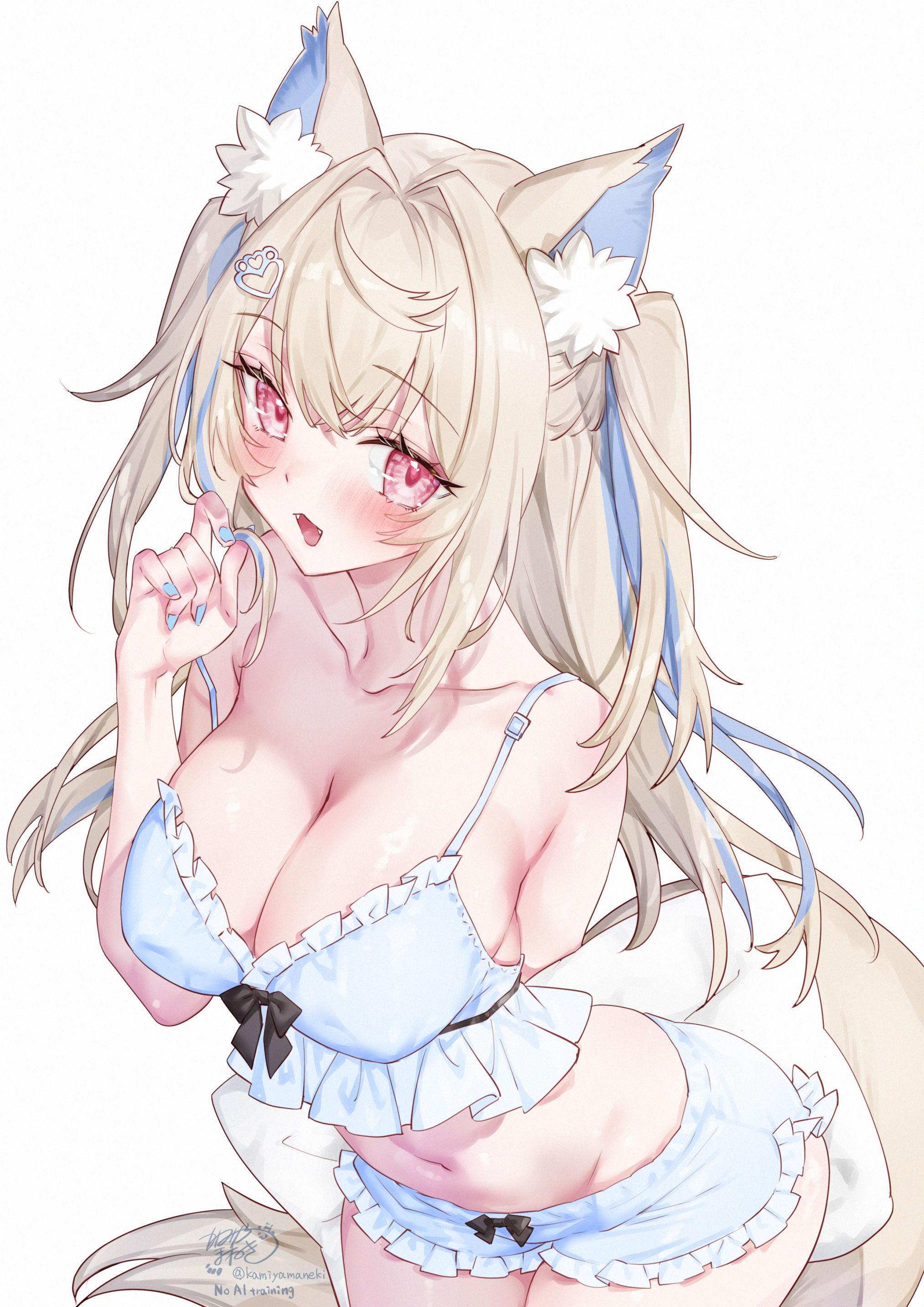 kamiya maneki, fuwawa abyssgard, hololive, hololive english, absurdres, commentary, highres, 1girl, animal ear fluff, animal ears, arm behind back, bare arms, blonde hair, blue camisole, blue hair, blue shorts, breasts, camisole, cleavage, crop top, crossed bangs, dog ears, dog girl, dog tail, double-parted bangs, frilled camisole, frills, hair between eyes, hand up, holding, holding pillow, large breasts, leaning forward, long hair, looking at viewer, midriff, multicolored hair, navel, open mouth, pillow, pink eyes, short shorts, shorts, simple background, solo, streaked hair, tail, twirling hair, two side up, virtual youtuber, white background