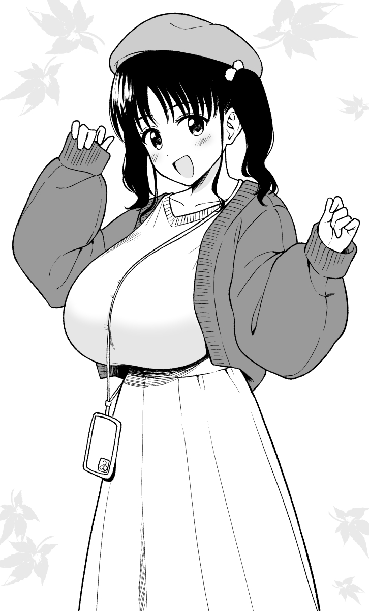 yue (show-ei), nagachichi chika idol-chan (yue (show-ei)), original, commentary request, highres, translation request, 1girl, arm up, autumn, autumn leaves, beret, breasts, cardigan, cellphone, collarbone, cowboy shot, dress, from side, greyscale, hair ornament, hand up, happy, hat, head tilt, huge breasts, impossible clothes, impossible dress, leaf, leaf background, long sleeves, looking at viewer, medium hair, monochrome, open mouth, parted bangs, phone, shoulder strap, sidelocks, sideways glance, simple background, smartphone, solo, standing, strap, sweater, twintails, white background