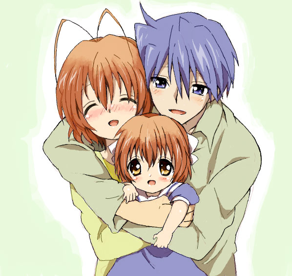 maruki (punchiki), furukawa nagisa, okazaki tomoya, okazaki ushio, clannad, bad id, bad pixiv id, 00s, 1boy, 2girls, antenna hair, blue eyes, blue hair, blush, brown eyes, brown hair, closed eyes, family, hug, husband and wife, multiple girls, short hair