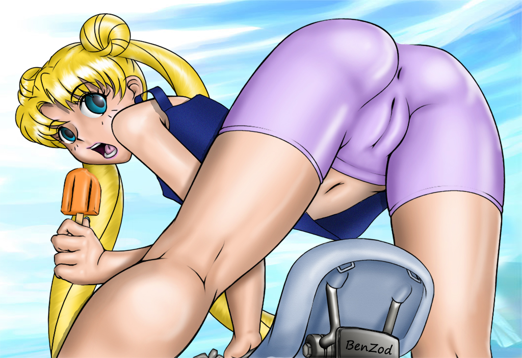 benzod, tsukino usagi, bishoujo senshi sailor moon, tagme, 1990s (style), 1girl, ass, bent over, bicycle, blonde hair, blue eyes, cameltoe, double bun, female focus, food, hair bun, long hair, open mouth, popsicle, retro artstyle, solo