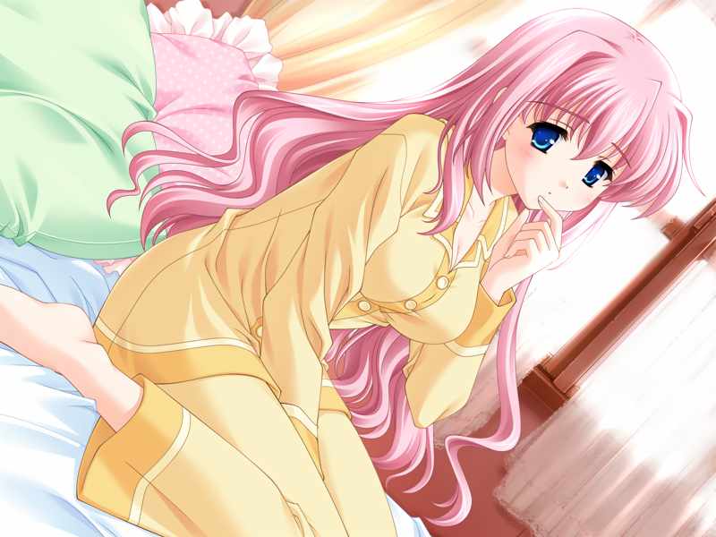 hatori mahoko, reconquista, game cg, 1girl, bed, blue eyes, dutch angle, female focus, kneeling, long hair, pajamas, pillow, pink hair, solo, very long hair