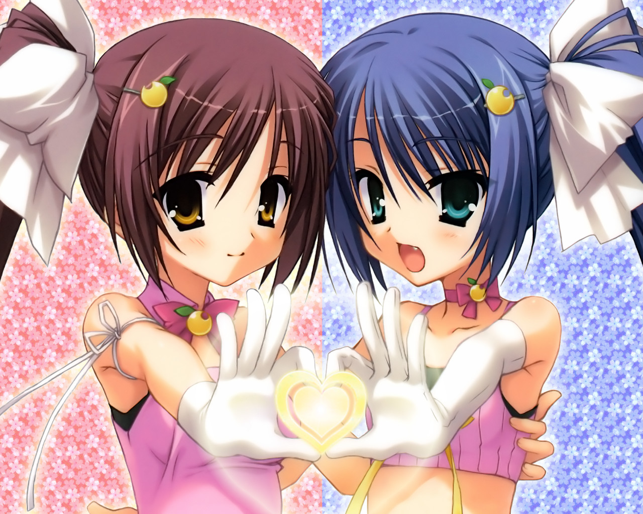 2girls, blue hair, brown hair, elbow gloves, four-finger heart hands, gloves, hair ribbon, heart, heart hands, heart hands duo, multiple girls, ponytail, ribbon, symmetrical hand pose, symmetry