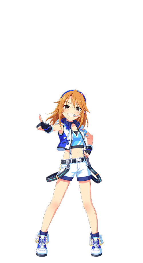 yuuki haru, idolmaster, idolmaster cinderella girls, idolmaster cinderella girls starlight stage, official art, 1girl, belt, fingerless gloves, gloves, grin, idol clothes, jacket, microphone, orange hair, pointing, shorts, smile, solo, transparent background