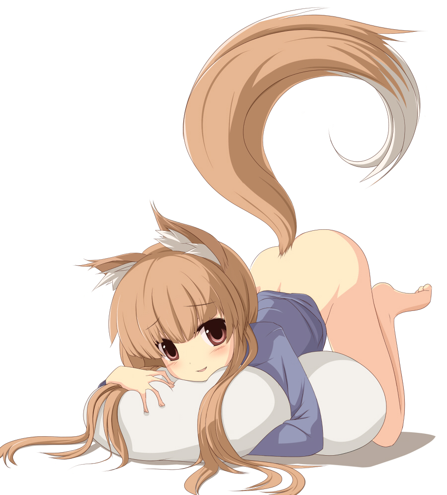 miko machi, holo, spice and wolf, 00s, 1girl, animal ears, ass, barefoot, blush, bottomless, brown hair, female focus, full body, hugging object, long hair, looking at viewer, pillow, pillow hug, red eyes, simple background, smile, solo, tail, top-down bottom-up, white background, wolf ears, wolf tail