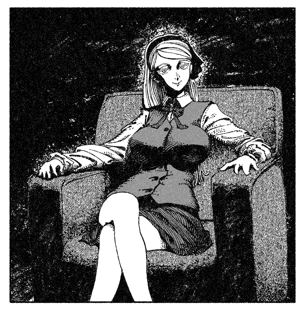 mahou tsukai no yome, the godfather, bow, bowtie, breasts, chiaroscuro, come hither, couch, folded leg, greyscale, hair ribbon, headband, large breasts, light smile, long hair, looking at viewer, monochrome, ribbon, shirt, sitting, skirt, veronica rickenbacker, vest, waistcoat