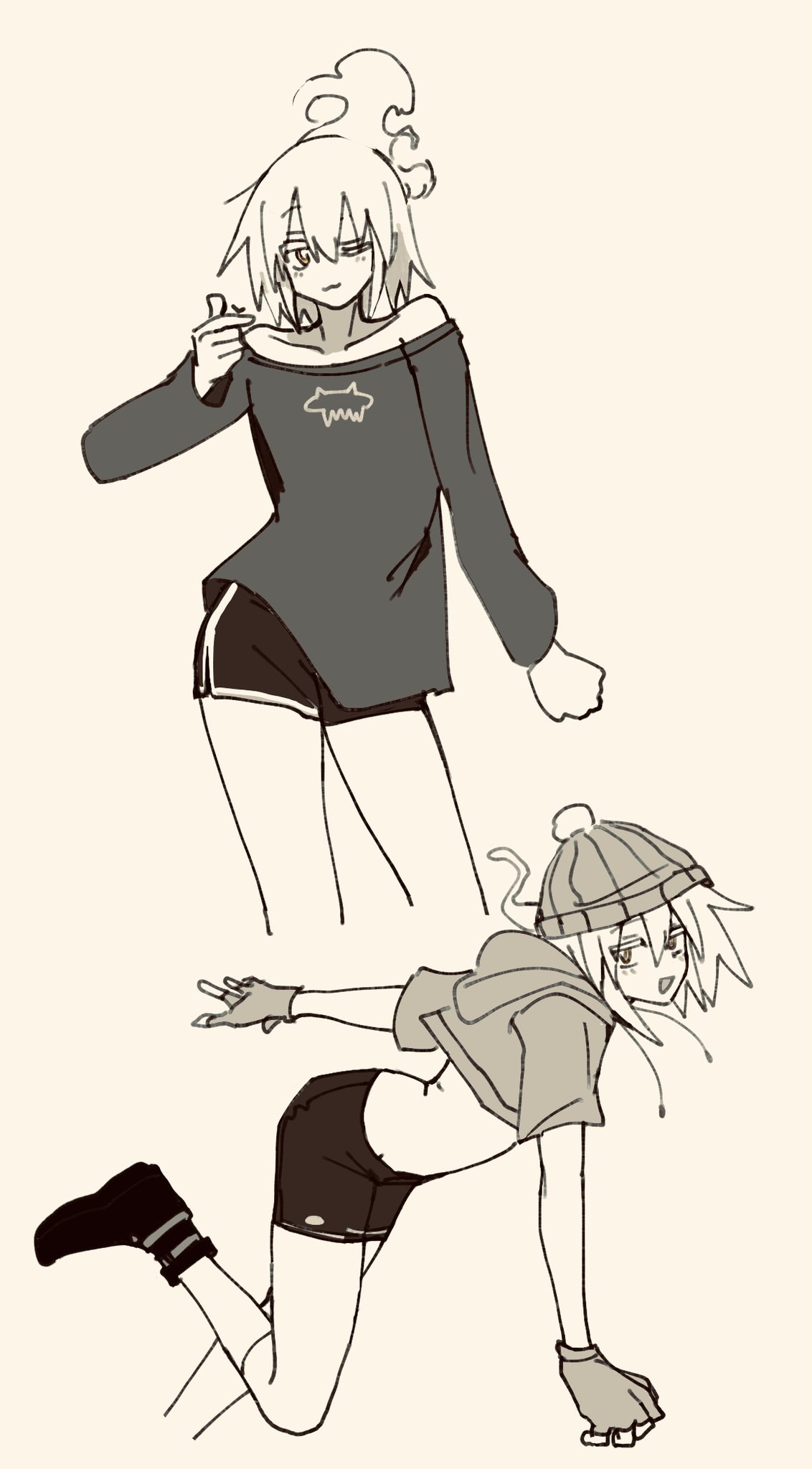 konro kon, original, highres, 1girl, crop top, fingerless gloves, gloves, hat, heart, heart hands, multiple views, one eye closed, short hair, shorts