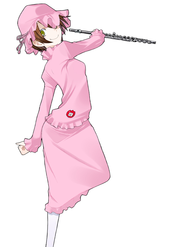 yasuda suzuhito, azuma rin, yozakura quartet, 1girl, badge, brown hair, bucket hat, female focus, flute, hat, instrument, jiangshi, name tag, pantyhose, pink theme, smile, solo, yellow eyes