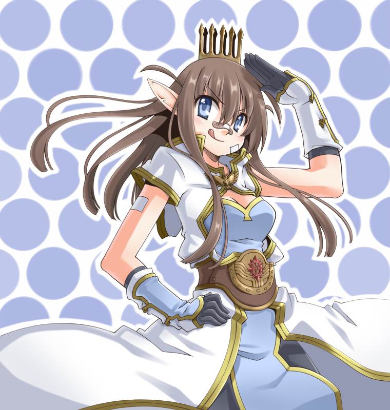 hinosita hikari, champion (ragnarok online), ragnarok online, commentary request, 1girl, bandaid, bandaid on cheek, bandaid on face, bandaid on nose, belt, black gloves, black pants, blue eyes, blue shirt, blush, breasts, brown hair, championship belt, cleavage, closed mouth, coat, cowboy shot, cross of prontera, crown, gloves, gold trim, long hair, looking at viewer, medium breasts, pants, pointy ears, polka dot, polka dot background, salute, shirt, short sleeves, smile, solo, two-tone gloves, v-shaped eyebrows, white coat, white gloves