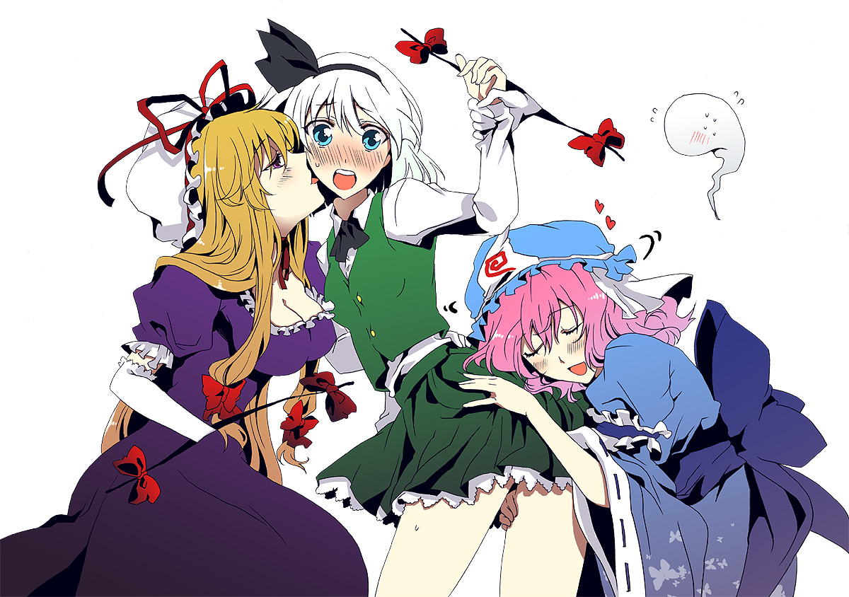 nakayama miyuki, konpaku youmu, konpaku youmu (ghost), saigyouji yuyuko, yakumo yukari, touhou, bad id, bad pixiv id, 3girls, ascot, blonde hair, blouse, blush, bow, breasts, cleavage, collared shirt, dress, elbow gloves, female focus, female pervert, from side, gap (touhou), gloves, hair bow, hat, head on ass, hitodama, japanese clothes, kimono, large breasts, licking, long hair, low-tied long hair, mob cap, multiple girls, pervert, petticoat, pink hair, shirt, simple background, skirt, vest, wavy hair, white hair, white shirt, you gonna get raped, yuri