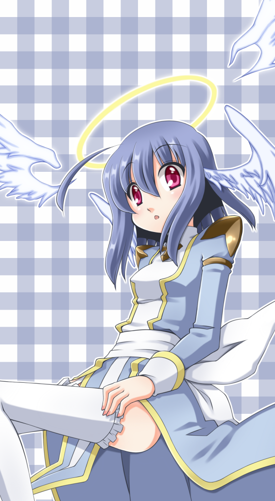 hinosita hikari, high priest (ragnarok online), ragnarok online, commentary request, 1girl, ahoge, alternate color, back bow, blue dress, blue hair, blush, bow, breasts, dress, feathered wings, feet out of frame, frilled thighhighs, frills, hair between eyes, halo, head wings, long sleeves, looking at viewer, medium hair, open mouth, pelvic curtain, red eyes, sash, small breasts, solo, thighhighs, traditional halo, two-tone dress, white bow, white dress, white sash, white thighhighs, white wings, winged halo, wings, yellow halo