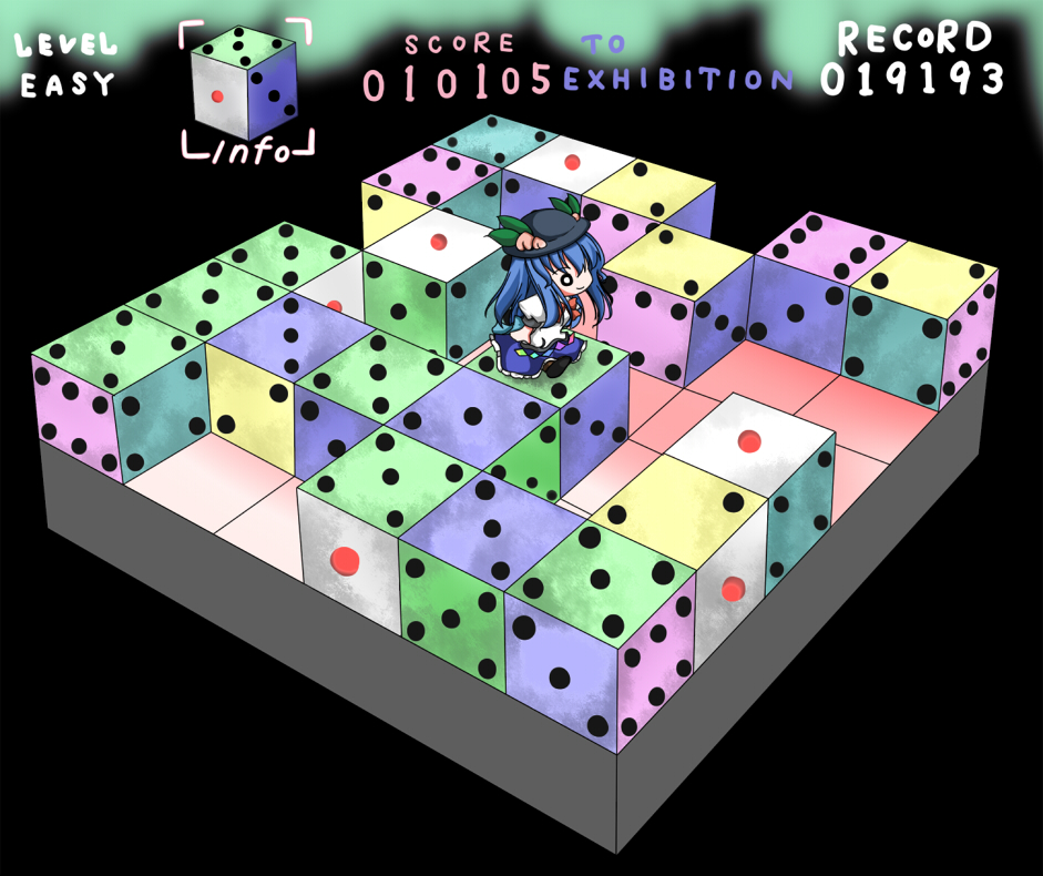 haku rin, shirosuzu, hinanawi tenshi, touhou, xi (game), 1girl, blue hair, bow, bowtie, chibi, devil dice, dice, english text, fake screenshot, female focus, food, food-themed clothes, frills, fruit, full body, hat, leaf, light smile, long hair, no pupils, o o, parody, peach, puffy sleeves, short sleeves, skirt, smile, solo, tiles