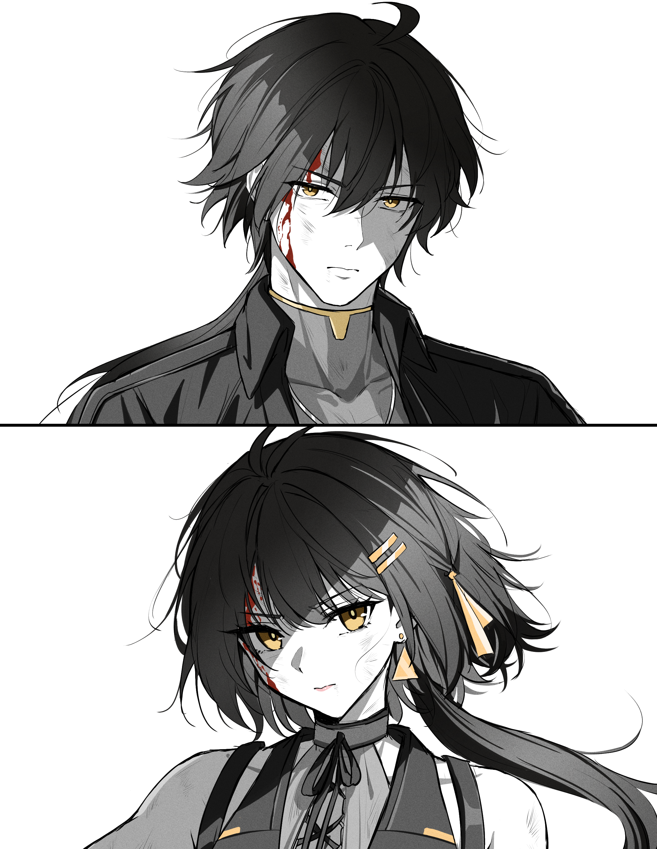 reia 76, female rover (wuthering waves), male rover (wuthering waves), rover (wuthering waves), wuthering waves, absurdres, commentary, highres, 1boy, 1girl, ahoge, bare shoulders, black hair, blood, blood on face, closed mouth, collared jacket, covered collarbone, dual persona, earrings, hair between eyes, hair ornament, hair ribbon, hairclip, jacket, jewelry, long hair, looking at viewer, male focus, parallel hairclips, portrait, ribbon, shirt, simple background, spot color, triangle earrings, white background, yellow eyes, yellow ribbon