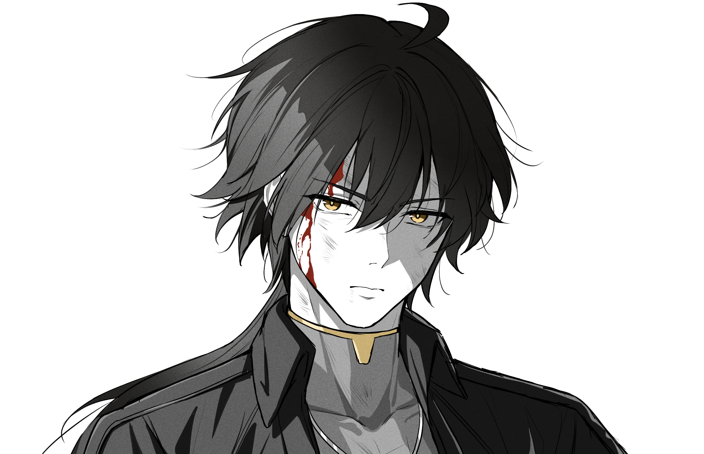 reia 76, male rover (wuthering waves), rover (wuthering waves), wuthering waves, commentary, highres, 1boy, ahoge, black hair, blood, blood on face, closed mouth, collared jacket, covered collarbone, hair between eyes, jacket, long hair, looking at viewer, male focus, portrait, shirt, simple background, solo, spot color, white background, yellow eyes