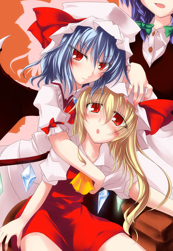 gisyo, flandre scarlet, izayoi sakuya, remilia scarlet, touhou, bad id, bad pixiv id, 2girls, 3girls, blouse, braid, collared shirt, female focus, hair between eyes, hand on another's head, hat, hug, mob cap, multiple girls, shirt, siblings, sisters, twin braids, white shirt
