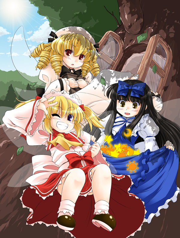 sugiura, luna child, star sapphire, sunny milk, perfect memento in strict sense, touhou, 3girls, blonde hair, drill hair, female focus, multiple girls, one eye closed, tree, v, wink
