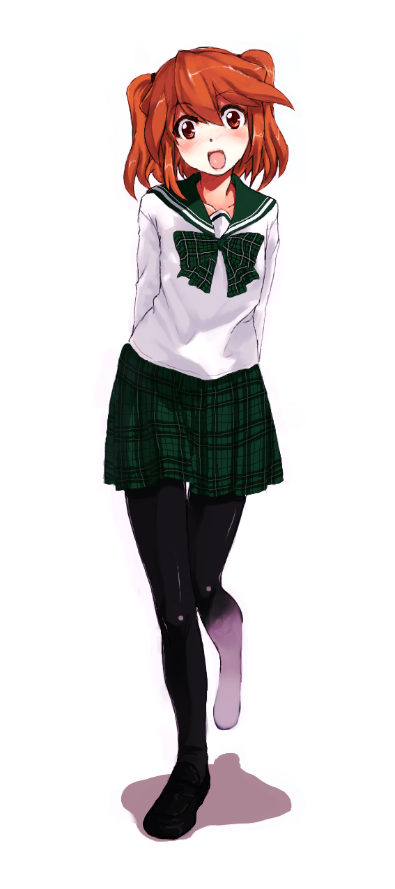 kirisato itsuki, original, bad id, bad pixiv id, highres, long image, tall image, arms behind back, blush, lips, open mouth, pantyhose, red eyes, red hair, school uniform, short hair, skirt, solo, twintails
