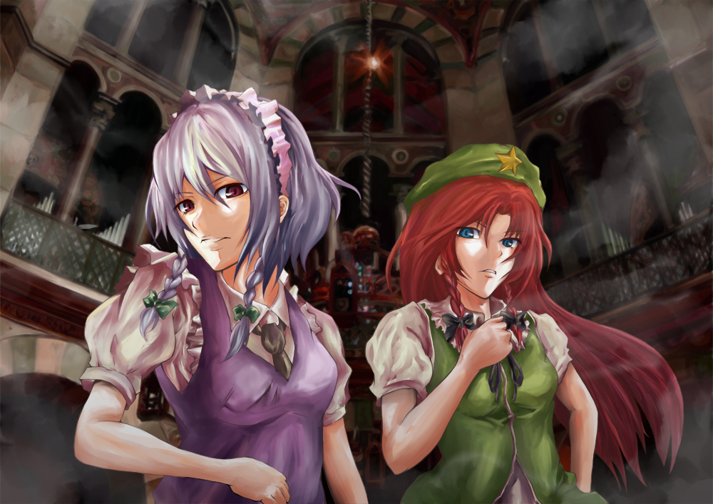 pokimari, hong meiling, izayoi sakuya, embodiment of scarlet devil, touhou, silver hair, bad id, bad pixiv id, 2girls, blue dress, braid, breasts, china dress, chinese clothes, dress, female focus, green dress, hat, looking at viewer, looking back, maid headdress, medium breasts, multiple girls, puffy short sleeves, puffy sleeves, red hair, short sleeves, small breasts, twin braids