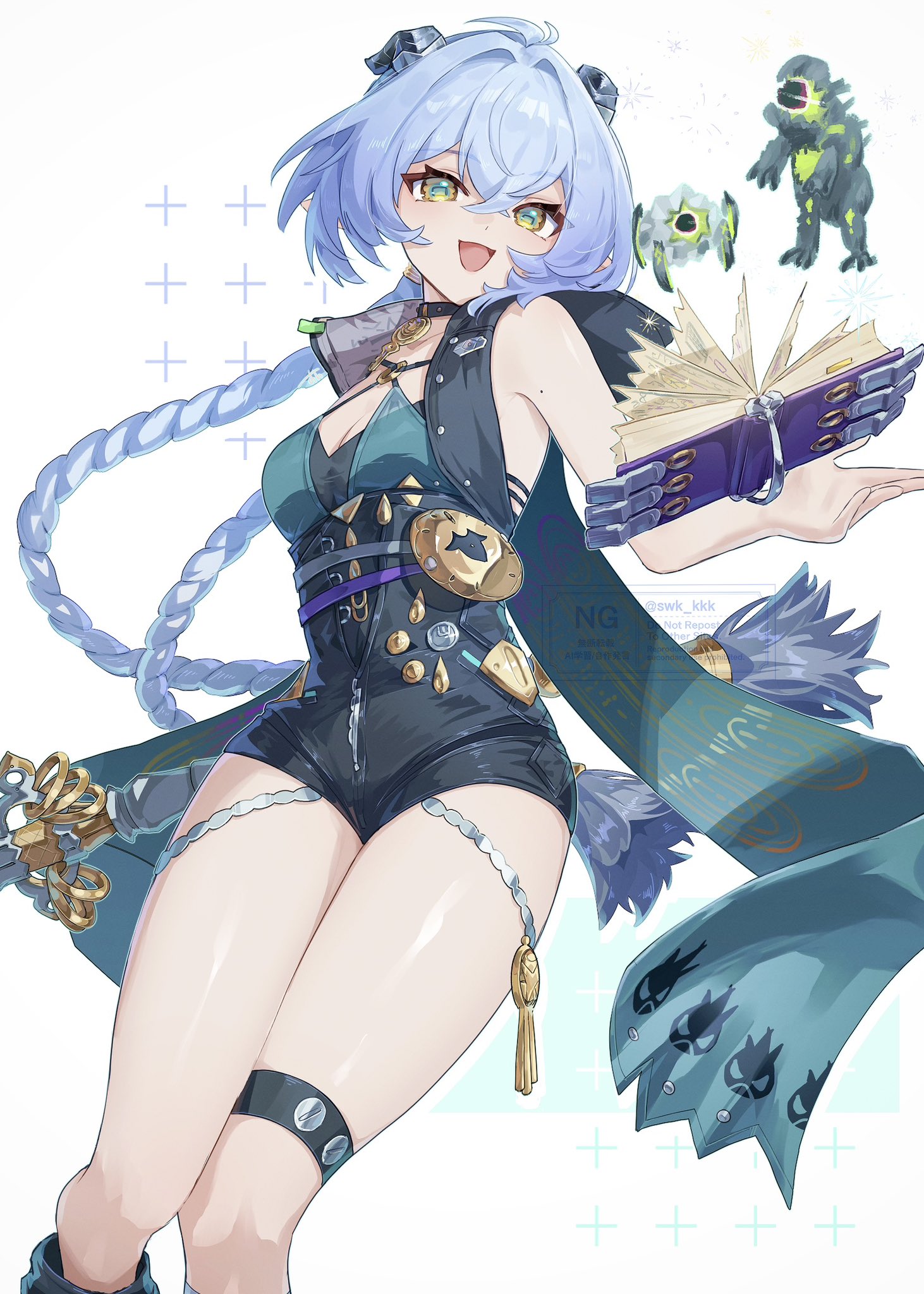 suwa (swk kkk), lucia elowen, zenless zone zero, highres, 1girl, blue hair, book, braid, breasts, cleavage, crossed bangs, hair between eyes, holding, holding book, holding staff, hood, hood down, horns, mole, mole on arm, open book, open mouth, pointy ears, simple background, small breasts, smile, solo, staff, thigh strap, thighs, twin braids, white background