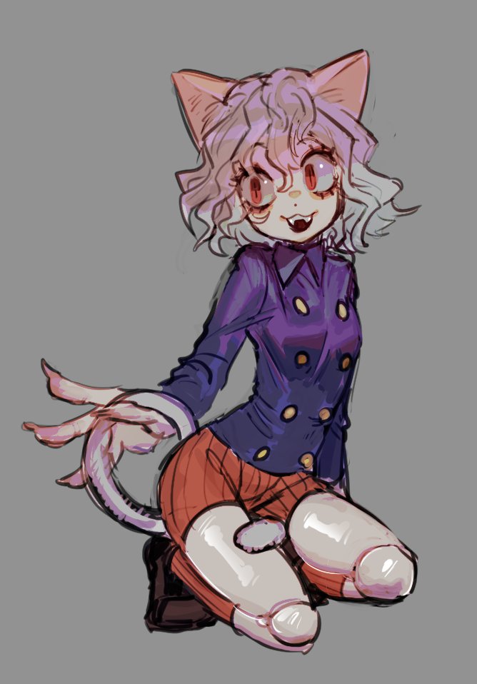 dancho no mori, neferpitou, hunter x hunter, 1girl, :3, :d, animal ears, between legs, blue shirt, buttons, cat ears, cat girl, cat tail, collared shirt, doll joints, eyelashes, fangs, fingernails, full body, genderswap, genderswap (otf), grey background, grey hair, grey tail, hair between eyes, joints, kneehighs, long sleeves, open mouth, orange shorts, orange socks, red eyes, ribbed shorts, ribbed socks, sharp fingernails, shirt, short hair, shorts, simple background, slit pupils, smile, socks, solo, tail, tail between legs, teeth, upper teeth only