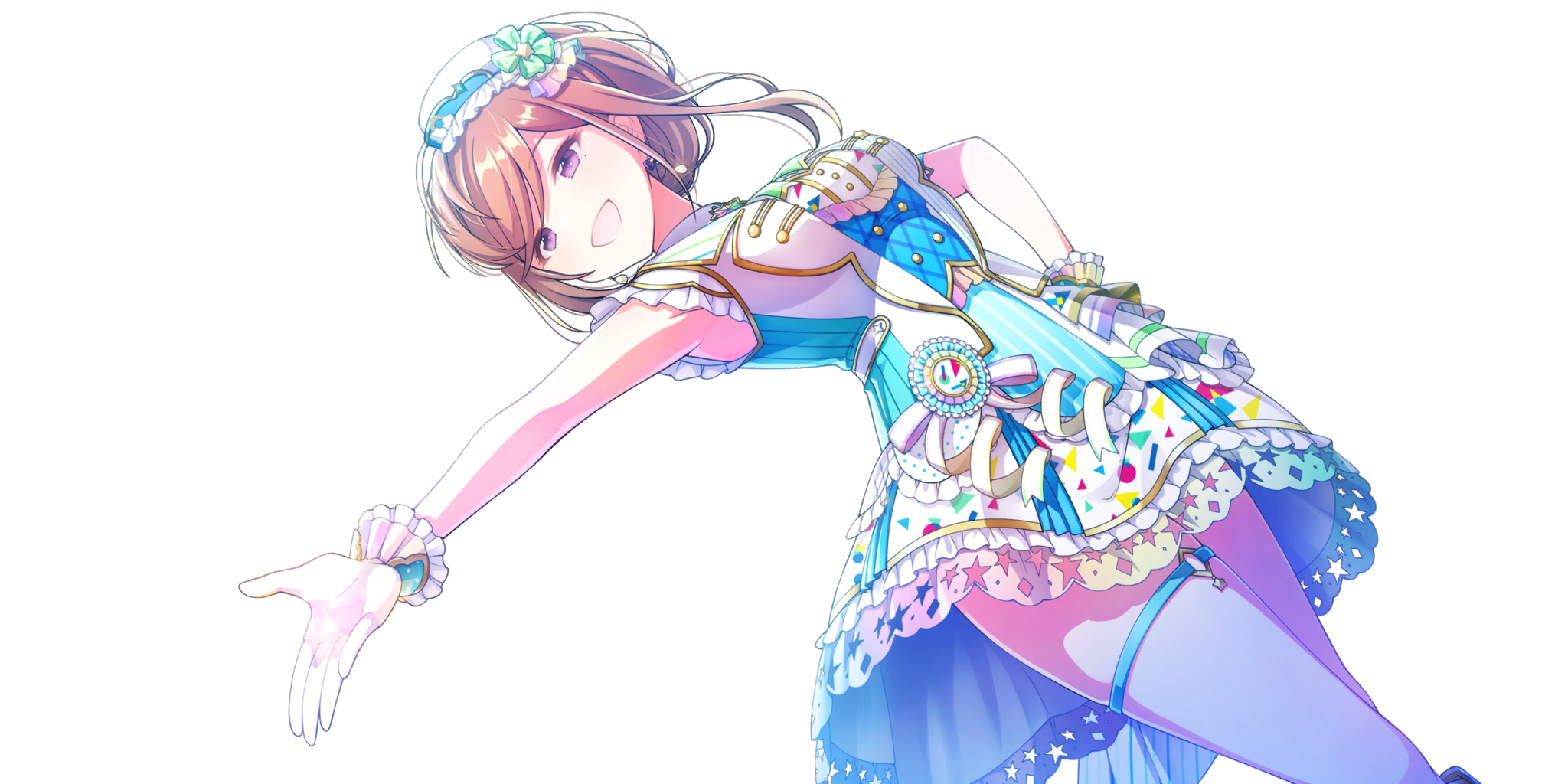 tsubaki (lapis re:lights), lapis re:lights, game cg, highres, official art, third-party source, 1girl, beret, blue dress, breasts, brown hair, dress, earrings, floating earrings, from below, gloves, hand on own hip, hat, idol, idol clothes, jewelry, medium breasts, mole, mole under eye, open mouth, outstretched arm, print skirt, purple eyes, short hair, sidelocks, simple background, skirt, sleeveless, sleeveless dress, smile, solo, star (symbol), thighhighs, thighs, transparent background, vest, white gloves, white hat, white thighhighs, white vest, zettai ryouiki