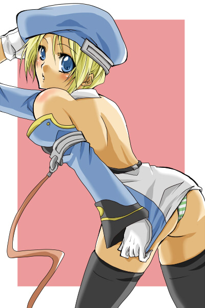 kikuyoshi, kikuyosho, noel vermillion, arc system works, blazblue, bad id, bad pixiv id, back, beret, blonde hair, blush, detached sleeves, dress, gloves, hat, panties, pantyshot, ribbon, short dress, short hair, simple background, solo, striped clothes, striped panties, thighhighs, underwear