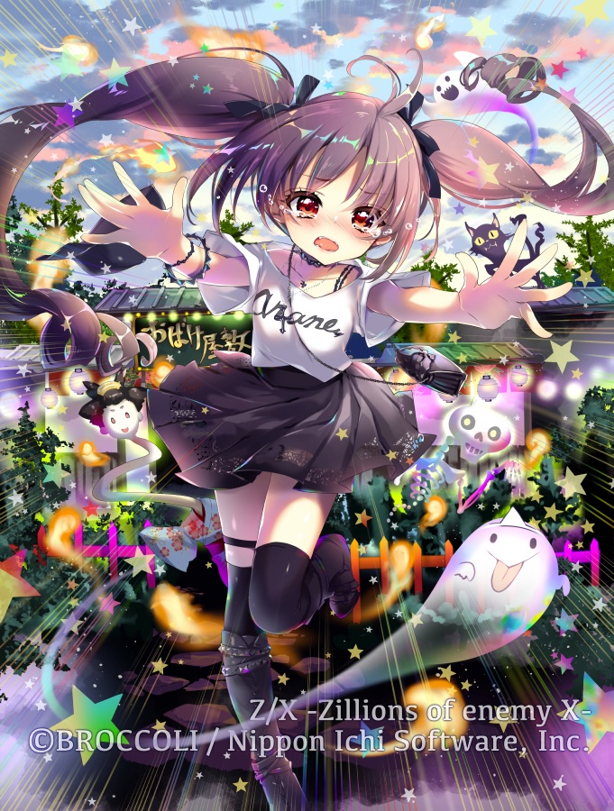matoki misa, z/x, official art, 1girl, arane (z/x), bag, black bag, black boots, black bow, black hair, black skirt, black thighhighs, boots, bow, drill hair, fang, fleeing, ghost, hair bow, haunted house (attraction), mini bag, outdoors, red eyes, rokurokubi, shirt, short sleeves, shoulder bag, skirt, skull, star (symbol), tears, thigh strap, thighhighs, twin drills, white shirt