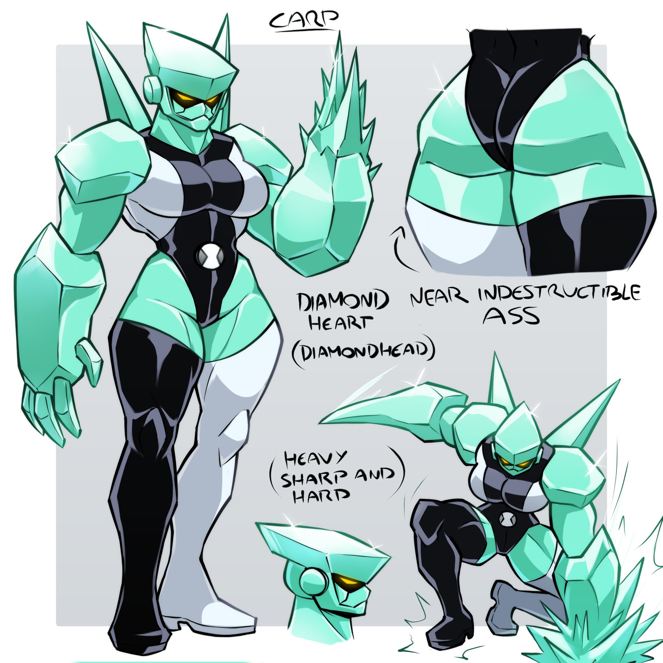 carpinchor123, diamondhead, ben 10, absurdres, highres, 1girl, alien, ass, black boots, black leotard, boots, breasts, colored skin, english text, genderswap, genderswap (mtf), green skin, leotard, medium breasts, mismatched boots, multicolored leotard, thigh boots, two-tone leotard, white boots, white leotard