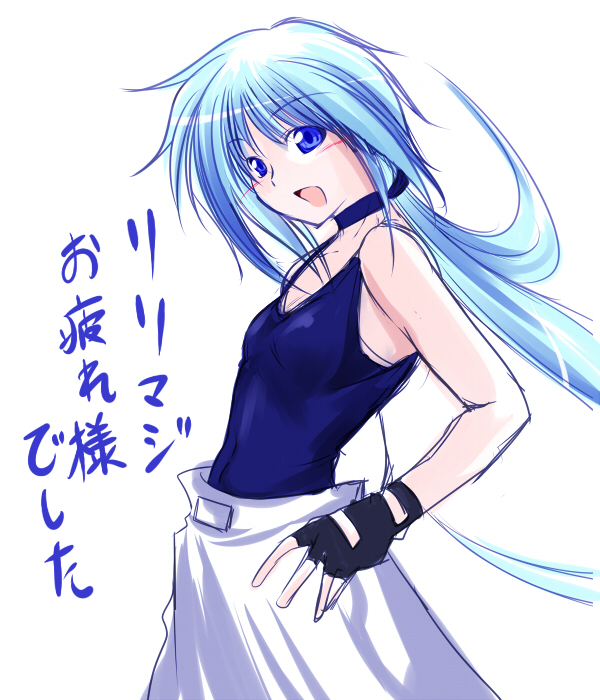 hagane soushi, original, bare shoulders, blue eyes, blue hair, fingerless gloves, flat chest, gloves, long hair, open mouth, ponytail, sketch, solo, very long hair