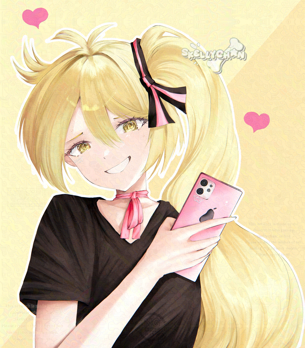skellychan, akita neru, highres, 1girl, asymmetrical hair, black shirt, blonde hair, bow, flop era (vocaloid), hair ornament, heart, holding, holding phone, neck ribbon, phone, ribbon, shirt, side ponytail, smile, solo, watermark, yellow background, yellow eyes