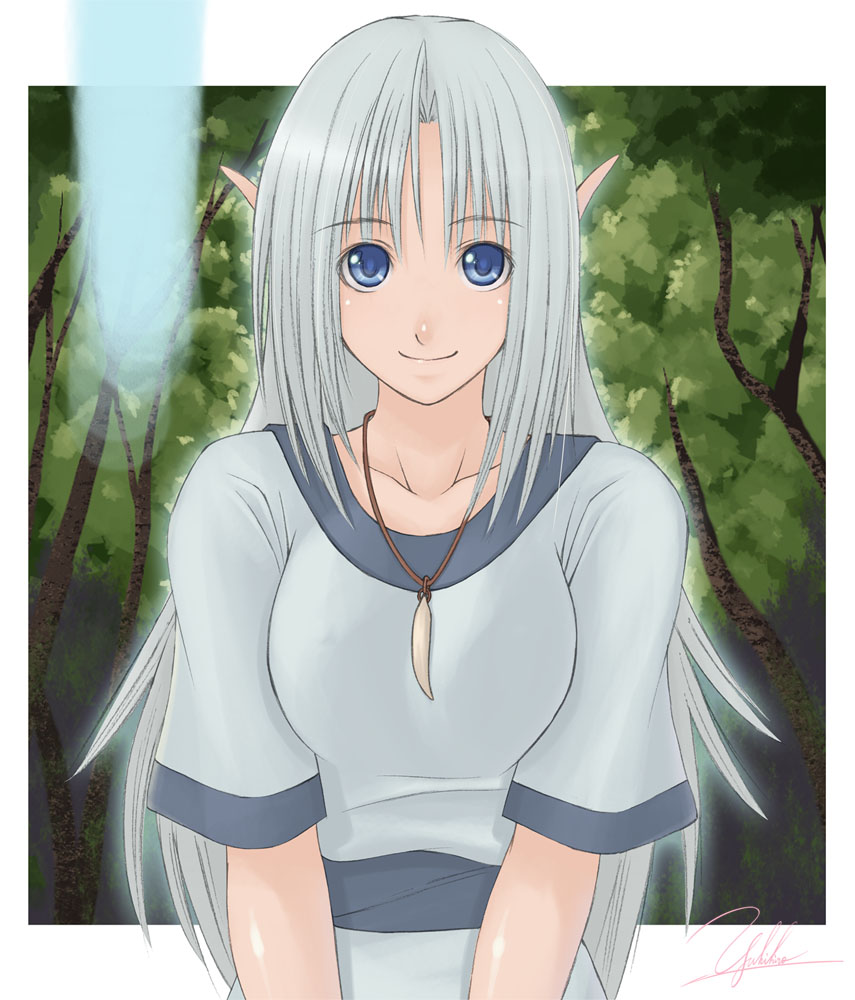 yukihiro, original, silver hair, blue eyes, elf, jewelry, long hair, necklace, pointy ears, signature, smile, solo, tree
