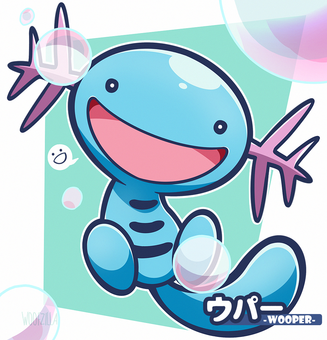 woofzilla, wooper, nintendo, pokemon, translation request, border, bright pupils, bubble, character name, full body, gen 2 pokemon, happy, looking at viewer, no humans, open mouth, pokemon (creature), solo, spoken expression, white border, white pupils
