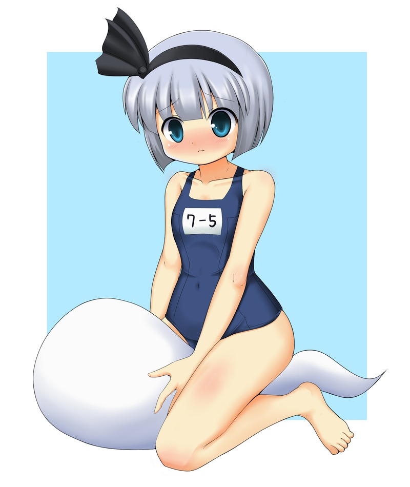 kyokutou hentai samurai, konpaku youmu, konpaku youmu (ghost), touhou, silver hair, bad id, bad pixiv id, 1girl, barefoot, blue eyes, blush, chibi, embarrassed, female focus, hairband, one-piece swimsuit, school swimsuit, short hair, solo, swimsuit