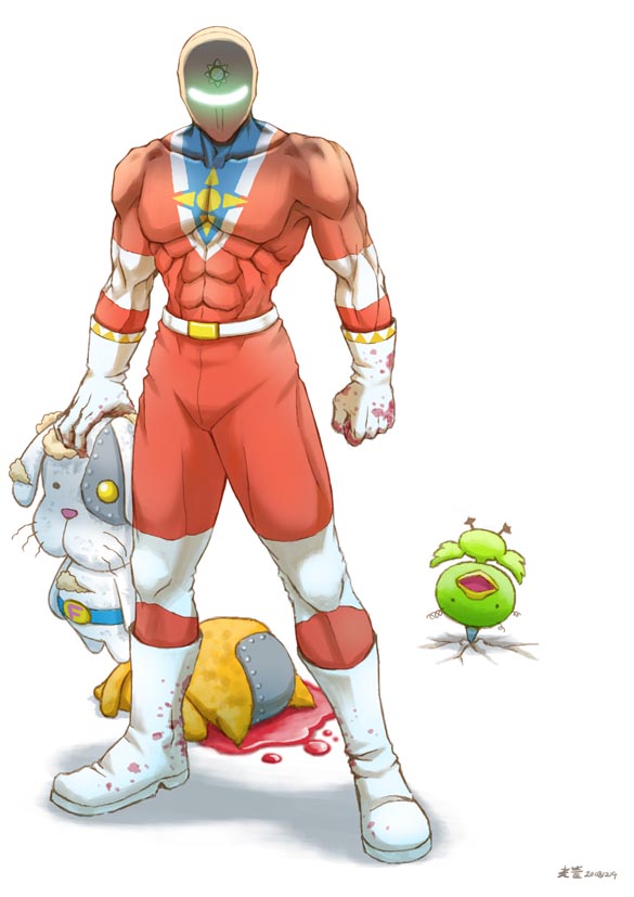kongcool, devil neko, p-chan kai, sunred, usakotsu, tentai senshi sunred, 00s, 1boy, blood, bodysuit, full body, male focus, mask, muscular, solo, white background
