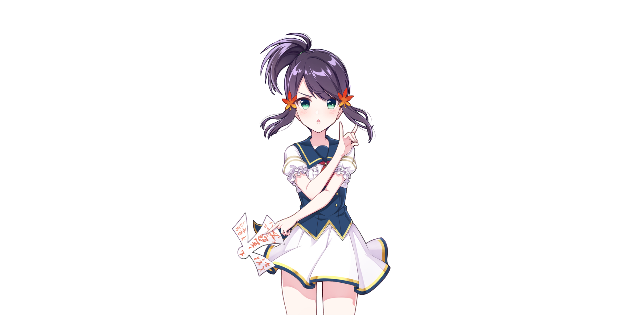 kaede (lapis re:lights), lapis re:lights, game cg, highres, official art, third-party source, 1girl, :o, blue corset, blue sailor collar, buttons, corset, cowboy shot, double-breasted, dress, fox shadow puppet, green eyes, high ponytail, holding, looking at viewer, maple leaf hair ornament, medium hair, ponytail, purple hair, sailor collar, school uniform, shikigami, short ponytail, sidelocks, simple background, skirt, solo, transparent background, v-shaped eyebrows, white dress, white skirt