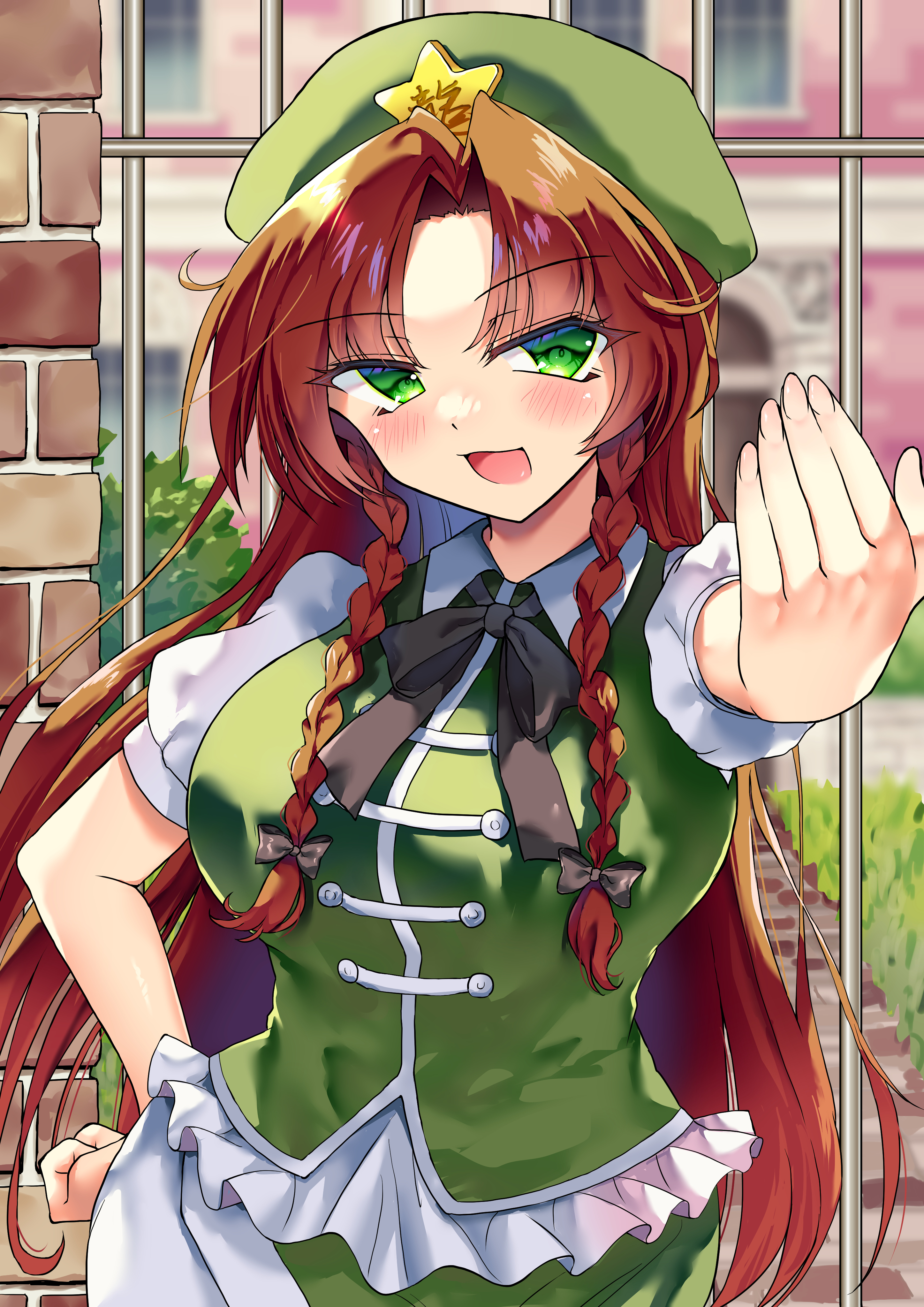 hong meiling, touhou, absurdres, commentary, highres, 1girl, black bow, black ribbon, blush, bow, braid, braided sidelock, breasts, brick wall, come at me bro, curtained hair, fence, fingernails, foreshortening, frilled shirt, frills, green eyes, green hat, green vest, hair bow, hat, hat ornament, iron fence, large breasts, long hair, neck ribbon, orange hair, orenji aida, outdoors, ribbon, shirt, short sleeves, smile, solo, star (symbol), star hat ornament, straight hair, twin braids, very long hair, vest, white shirt
