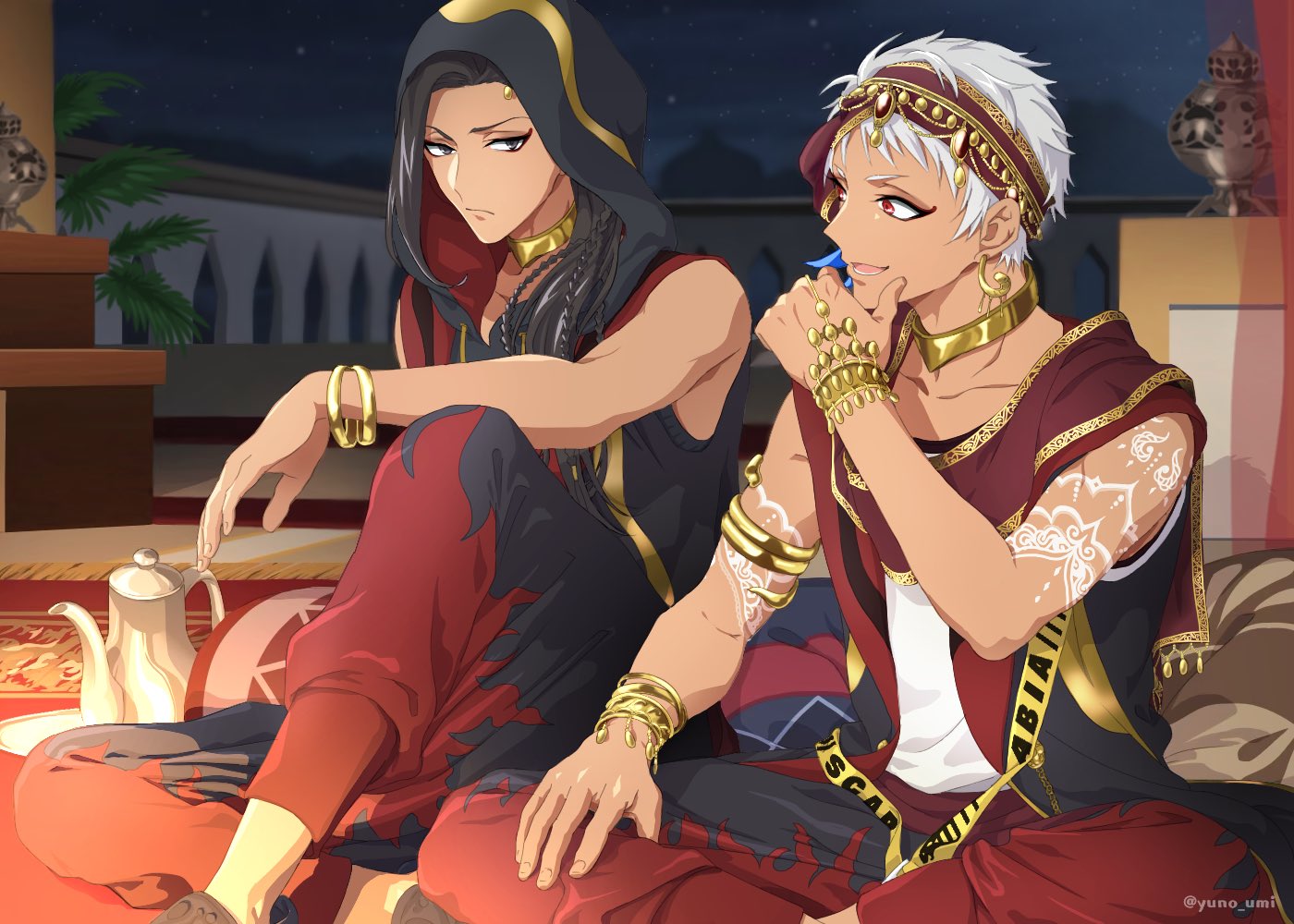 washiko (rasuko), jamil viper, kalim al-asim, twisted wonderland, hashtag-only commentary, 2boys, black hair, black hood, bracelet, braid, hood, hood up, jewelry, long hair, looking at another, male focus, multiple boys, night, open mouth, outdoors, pants, red eyes, short hair, sitting, star (sky), teapot, twitter username, white hair