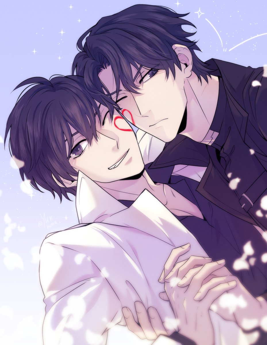 ginsan, kim dokja, yoo joonghyuk, omniscient reader's viewpoint, highres, 2boys, ;d, black coat, black eyes, black hair, black shirt, coat, dappled sunlight, hand on another's chest, holding hands, male focus, multiple boys, one eye closed, open clothes, open coat, open mouth, shirt, short hair, smile, smirk, sunlight, upper body, white coat