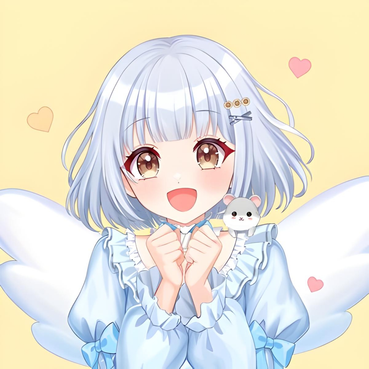 indie virtual youtuber, highres, 1girl, angel wings, blue dress, blush, dress, female focus, grey hair, hair ornament, happy, heart, looking at viewer, medium hair, open mouth, pito ohagi, upper body, wings, yellow background