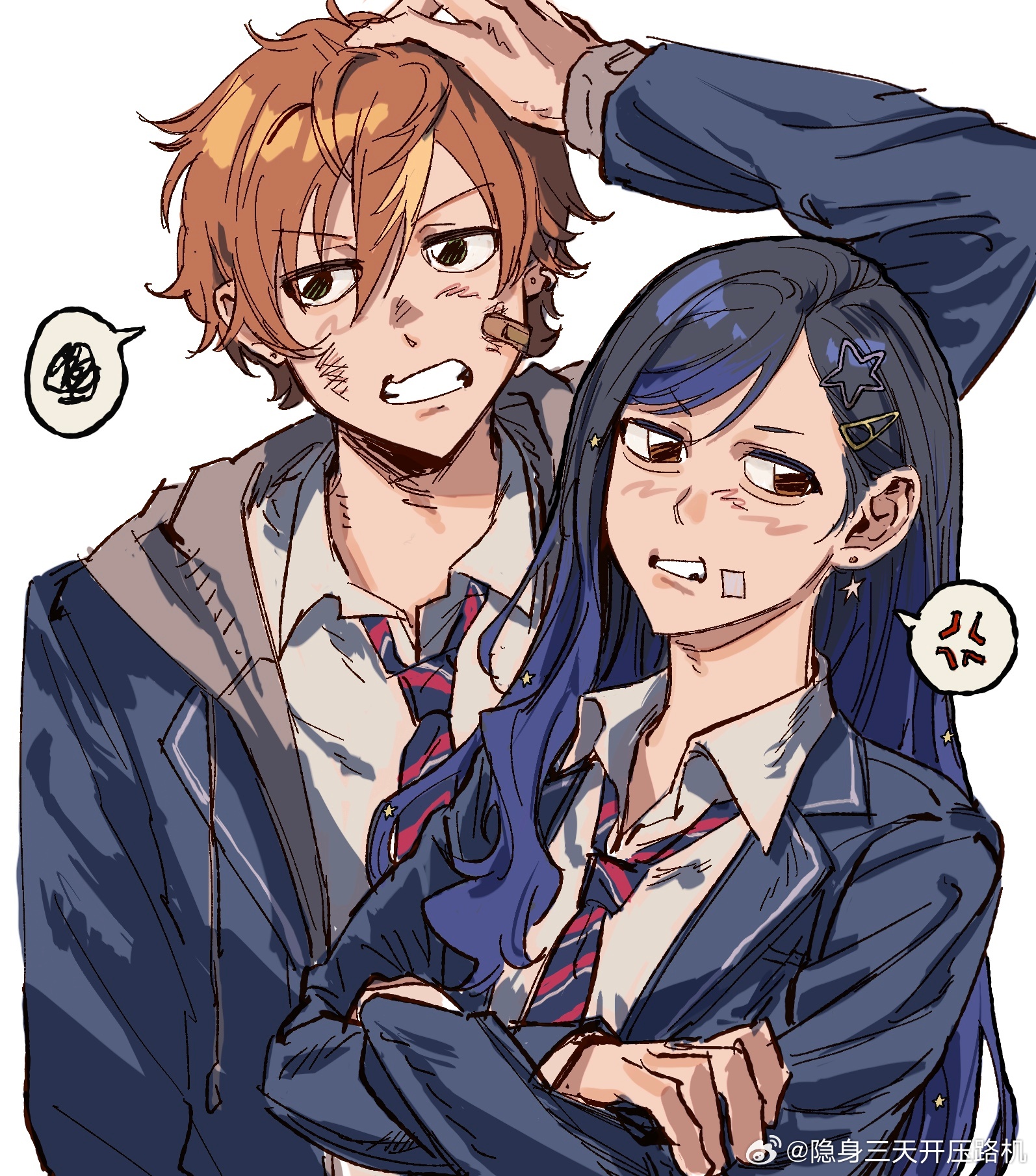 shenhu xiao longxia wei fanqie niunan guamian, shinonome akito, shiraishi an, project sekai, chinese commentary, commentary request, highres, second-party source, 1boy, 1girl, anger vein, angry, arm at side, arm up, bandaid, bandaid on cheek, bandaid on face, black hair, black jacket, black necktie, blazer, blue hair, brown eyes, bruise, bruise on face, clenched teeth, collared shirt, crossed arms, diagonal-striped clothes, diagonal-striped necktie, drawstring, dress shirt, earrings, gift art, gradient hair, grey jacket, hair behind ear, hair ornament, hairclip, hand on own head, height difference, hood, hood down, hooded jacket, implied after fight, injury, jacket, jacket over jacket, jewelry, kamiyama high school uniform (project sekai), lapels, long hair, long sleeves, looking to the side, multicolored hair, necktie, notched lapels, orange hair, parted bangs, parted hair, school uniform, scratching head, shirt, short hair, side part, simple background, spoken anger vein, spoken squiggle, squiggle, star (symbol), star earrings, star hair ornament, striped clothes, teeth, two-tone hair, upper body, v-shaped eyebrows, very long hair, very short hair, watermark, weibo watermark, white background, white shirt, wing collar, winter uniform