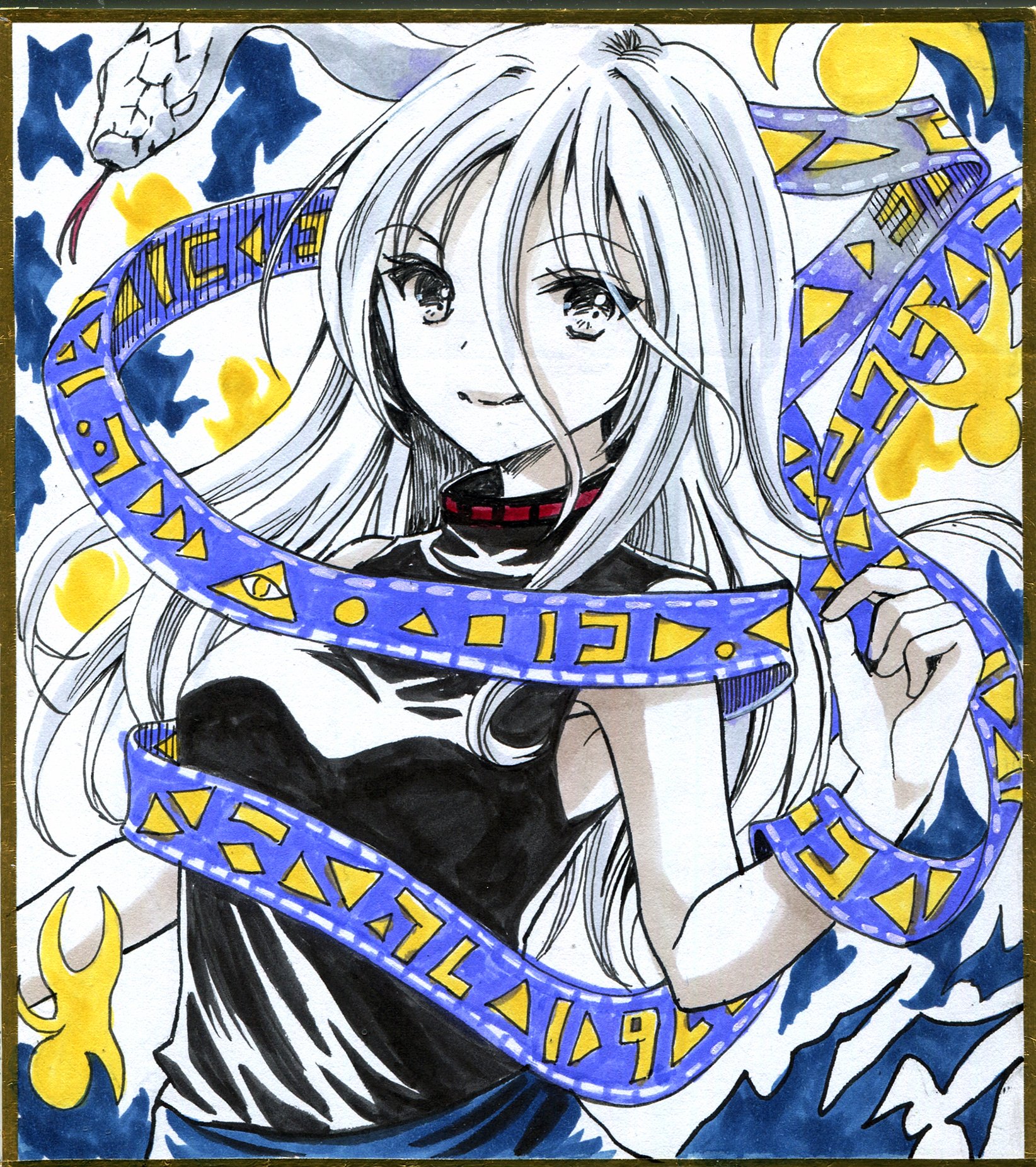 hajike akira, yuiman asama, touhou, commentary request, highres, traditional media, 1girl, abstract background, black dress, blue dress, dress, grey hair, hair between eyes, limited palette, long hair, long hair between eyes, ribbon around body, sleeveless, sleeveless dress, snake, snake wrapped around body, solo, turtleneck, two-tone dress, very long hair