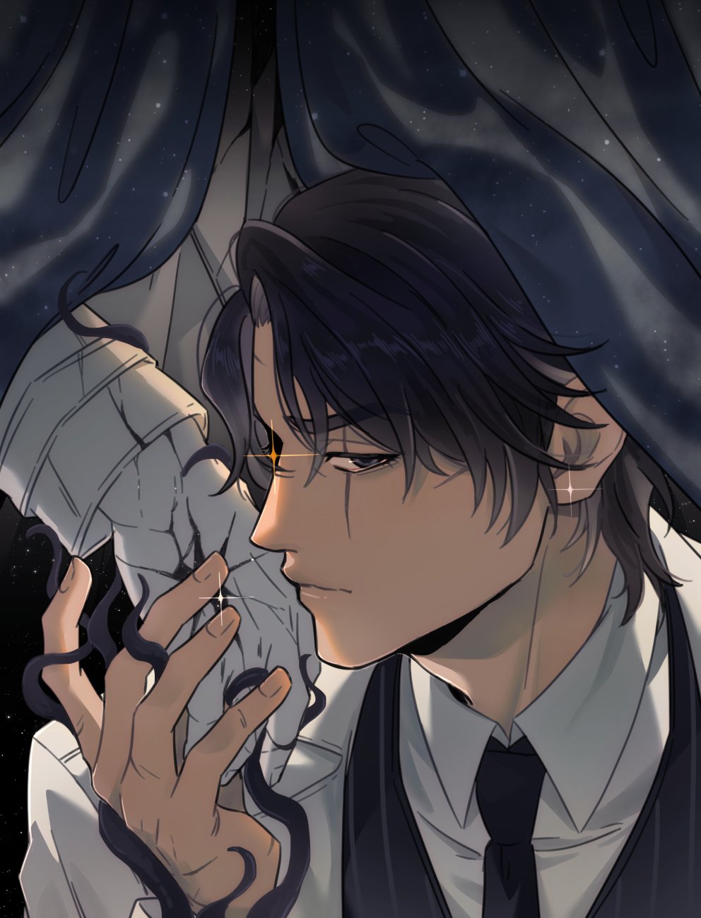 ginsan, kim dokja, secretive plotter, omniscient reader's viewpoint, highres, 1boy, 1other, black eyes, black hair, black necktie, black vest, bloodshot eyes, borrowed clothes, cloak, collared shirt, cracked clothes, cracked skin, expressionless, holding hands, looking at viewer, necktie, out of frame, porcelain, scar, scar across eye, scar on face, shirt, short hair, sparkle, starry sky print, tentacles, upper body, vest, white shirt