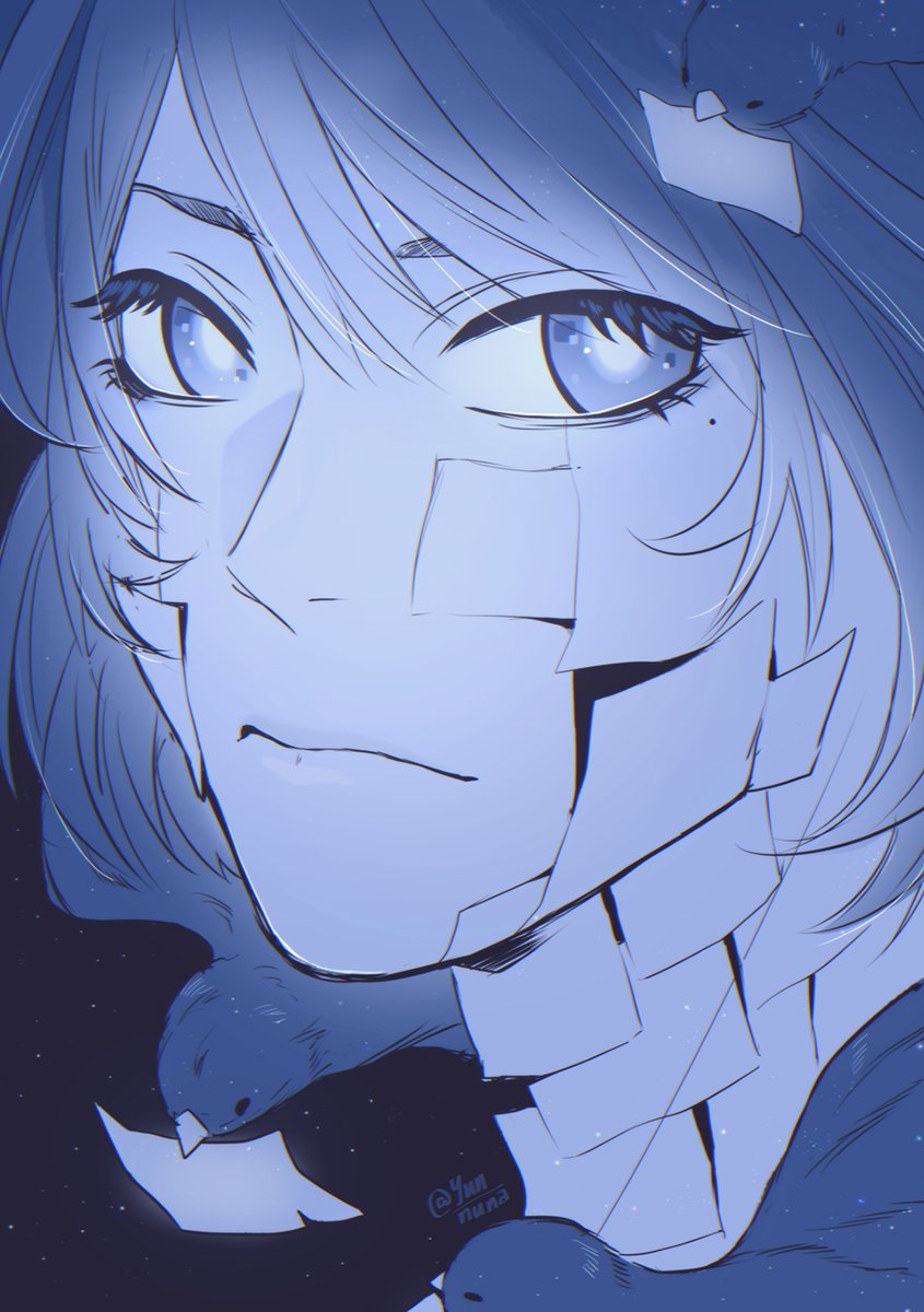 ginsan, han sooyoung, omniscient reader's viewpoint, highres, 1girl, aegyo sal, bird, blue eyes, blue theme, bob cut, close-up, cracked skin, expressionless, flying paper, looking at viewer, paper, solo